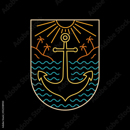Design vector of the anchor and nature beach in mono line art for badge, t shirt, emblem, etc
