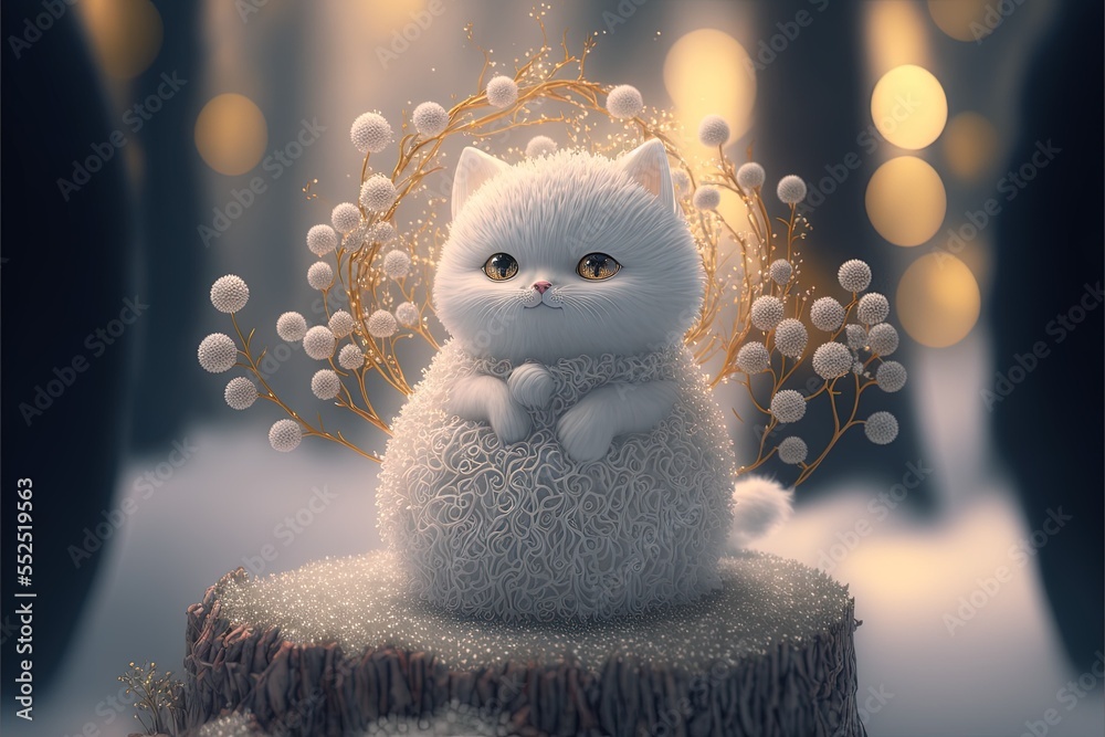 Obraz premium A Cute White Cat Wearing Jewelery In A Snowy Forest created using Generative AI Technology
