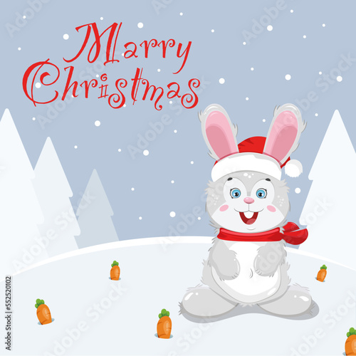  A gray rabbit in a red New Year s hat and a red scarf with fir trees in the background and carrots in the snow with the inscription  Merry Christmas 