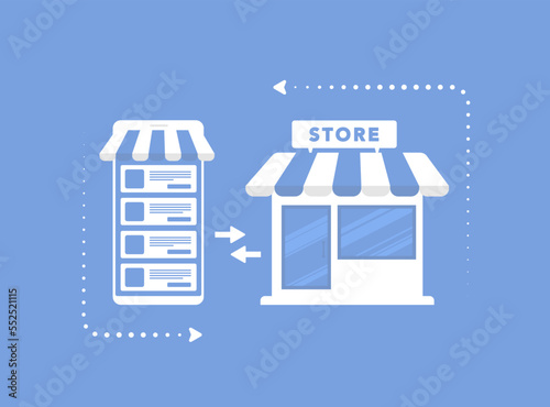 O2O - Online to Offline e-commerce business concept with mobile shop and building store. Offline to online marketing sales system strategy