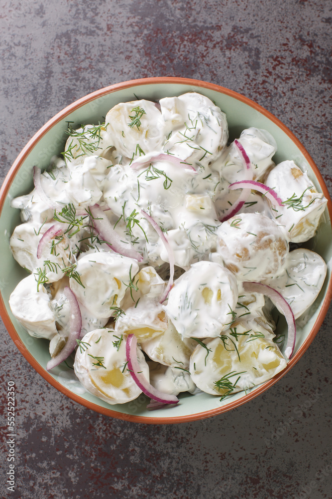 Φωτογραφία Swedish potato salad with pickles, dill and red onion seasoned with sour cream close-up in a plate on the table