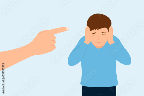 The boy covers his ears with his hands. Domestic violence concept. Punishment for boy, adult finger pointing to guilt, scolds the child. vector flat illustration