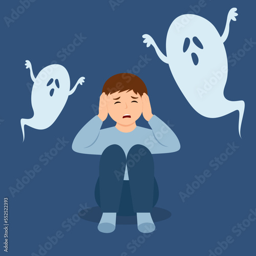  Child is afraid of ghost. Upset boy  next to monster, ghost in dark. Nightmare, fear of dark, phobia.Panic attack, psychology mental health concept. Vector illustration