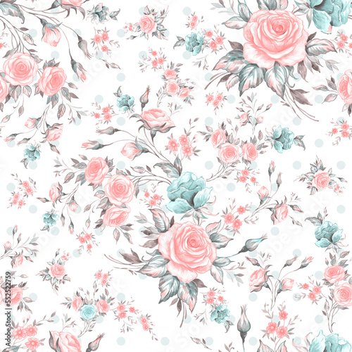 Lovely seamless spring roses pattern. Beautiful print for decoration of textiles and design. Flower background. Art drawing for surface. Tenderness decor.
