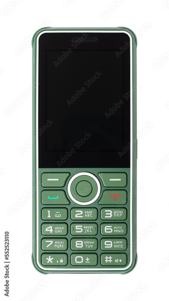 Green push-button mobile phone isolated on white background. Cell phone with buttons, top view. Green push-button mobile phone isolated on white background. Cell phone with buttons, top view.
