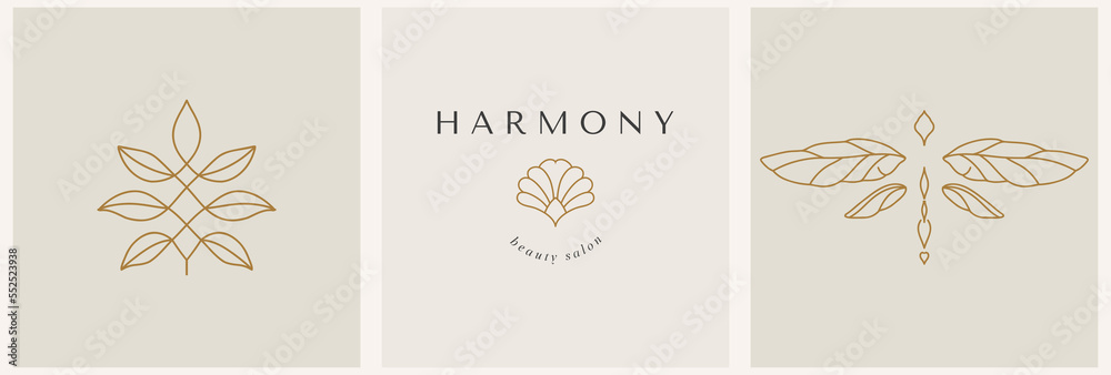 linear template logo symbols with luxury dragonfly and lotus on a nude background