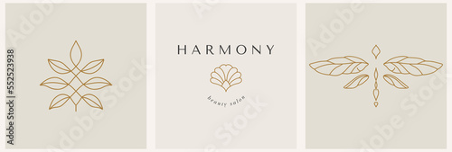 linear template logo symbols with luxury dragonfly and lotus on a nude background