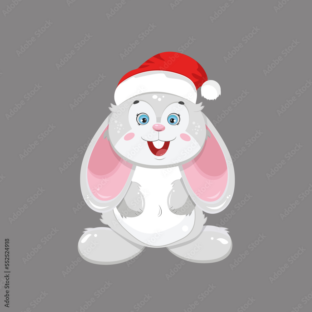 Smiling gray hare in a New Year's red hat on a gray background in a flat style