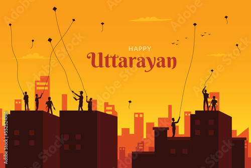 Happy Uttarayan Festival with kites playing people

