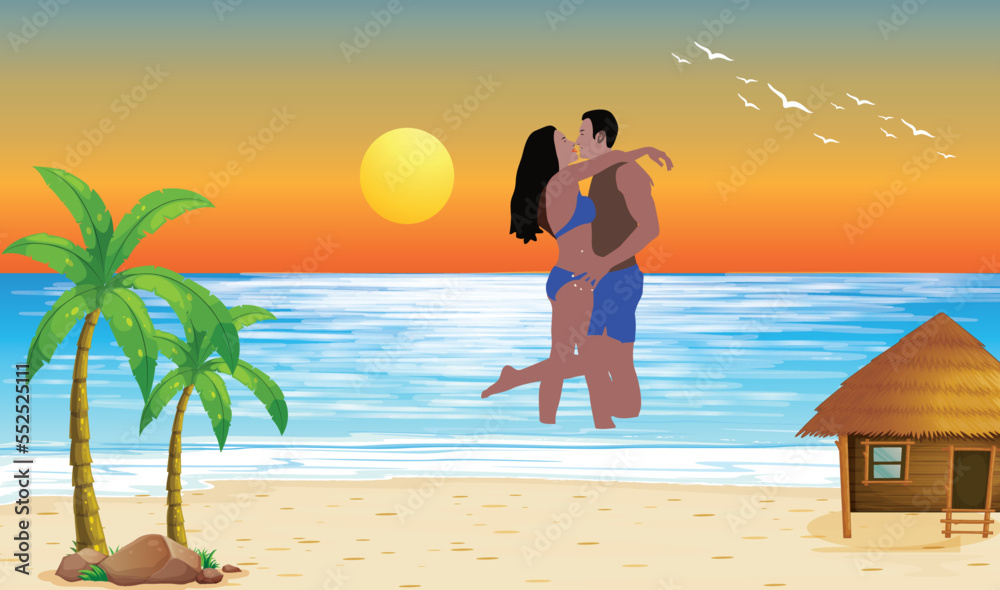 Happy bikini girl and boy injoy lip kiss at the beach with bungalow illustration design.jpg