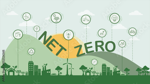 Fototapeta Naklejka Na Ścianę i Meble -  Net zero and carbon neutral concept. Net zero greenhouse gas emissions target. Climate neutral long term strategy with green net zero icon on green background with green eco city .