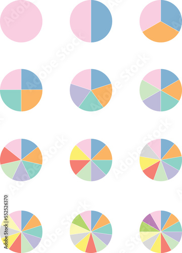 12 Pie chart parts. Circle 1 to 12 sections  Percent graph, diagram statistic wheel. Slice vector graphic elements