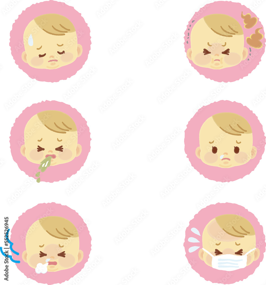 イラスト素材:かわいい赤ちゃんが喜怒哀楽の表情を見せるアイコンマークシリーズ　症状　手描き風7(透過背景)
