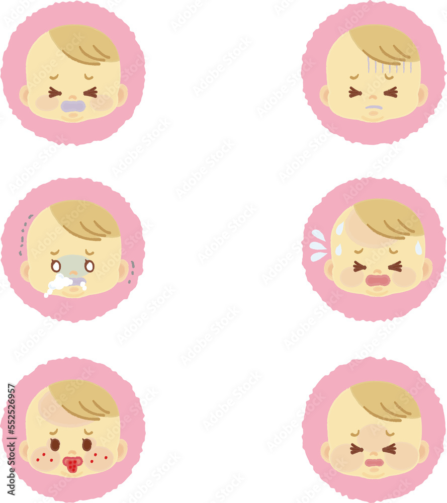 イラスト素材:かわいい赤ちゃんが喜怒哀楽の表情を見せるアイコンマークシリーズ　体調不良　手描き風3(透過背景)
