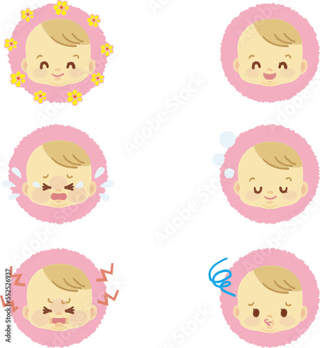 イラスト素材:かわいい赤ちゃんが喜怒哀楽の表情を見せるアイコンマークシリーズ 手描きテイスト2(透過背景) 