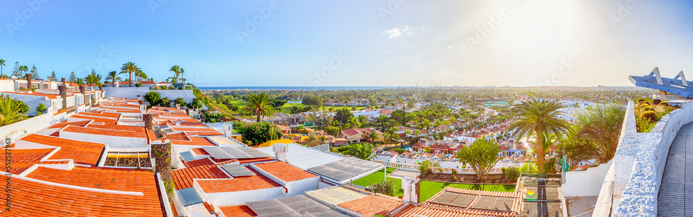 Travel Destinations. Upper View Cityscape and Landscape with Maspalomas Town at Sunset At Gran Canaria Island in Spain.