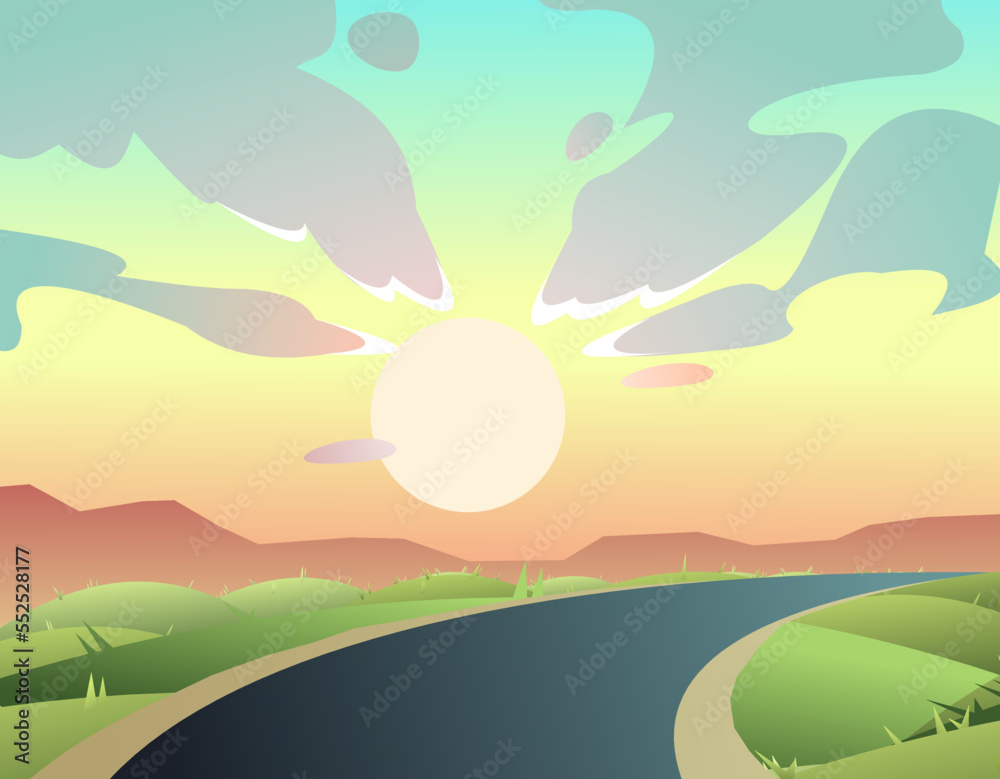 Path through rural hills. Morning sun. Landscape with an asphalt road stretching into distance. Journey beyond horizon. Cartoon fun style. Flat design. Vector. Path through rural hills. Morning sun. Landscape with an asphalt road stretching into distance. Journey beyond horizon. Cartoon fun style. Flat design. Vector.