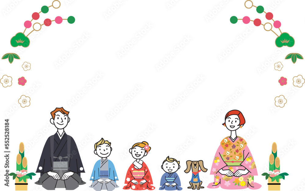 Fototapeta premium 新年 晴れ着 家族 イラスト 素材 