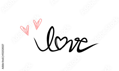 Love hand written font with pink hearts isolated on white background vector illustration.