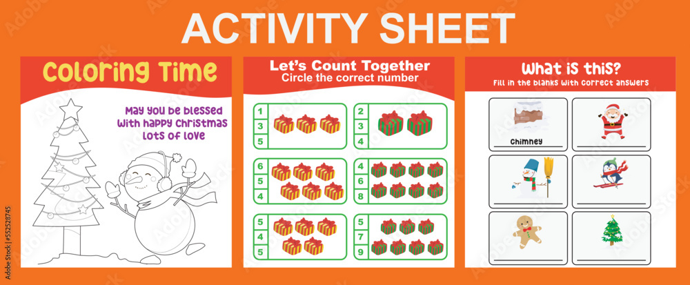 3 in 1 Activity Sheet for children. Educational printable worksheet for preschool. Coloring, counting together and writing activity. Vector illustrations. 