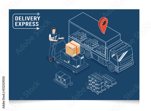 3D isometric Logistics and Delivery services concept with Truck transport product boxes from suppliers to buyers. Vector illustration eps10
