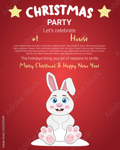 Christmas party invitation at... House with cute rabbit © Didi Art