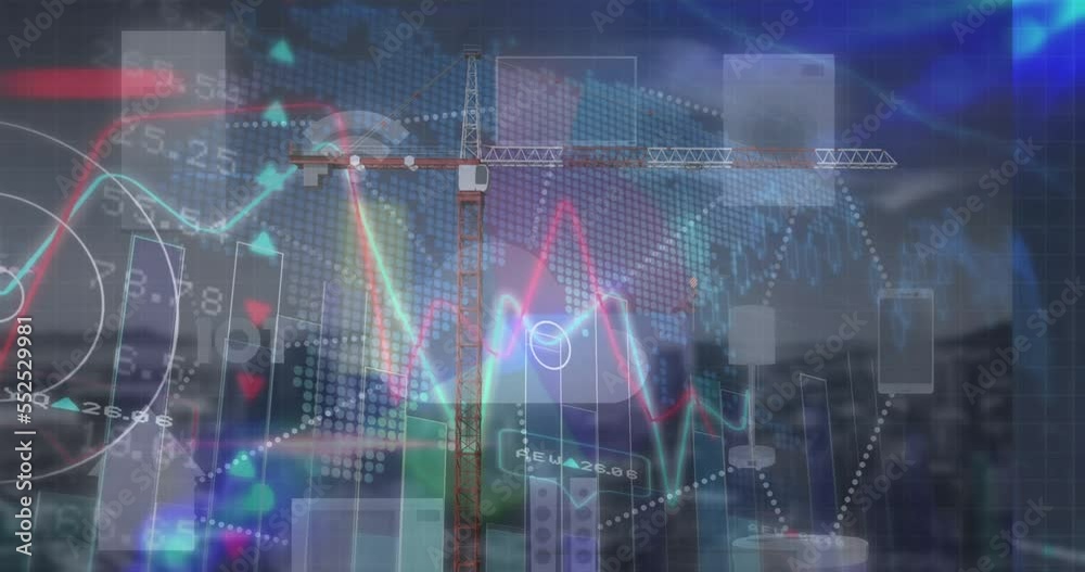 Animation of financial data and graphs over cityscape Animation of financial data and graphs over cityscape