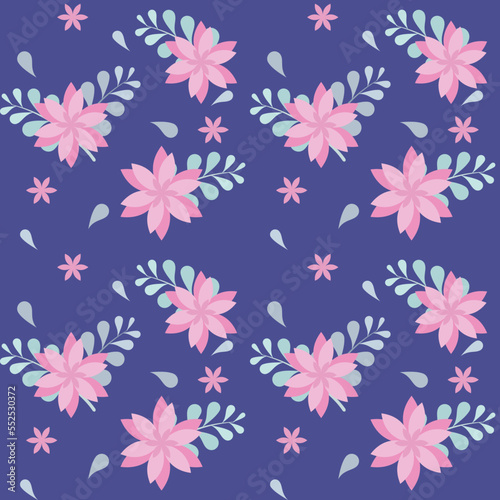 The blooming bright pink tone flowers on background with bouquet of gray leaves, it is a seamless pattern that looks beautiful and attractive.