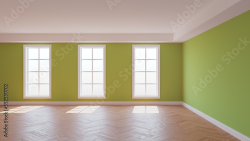 Green Empty Room with a White Ceiling and Cornice  Glossy Herringbone Parquet Flooring  Three Large Windows and a White Plinth. Sunny Beautiful Interior. 3D rendering  8K Ultra HD  7680x4320  300 dpi