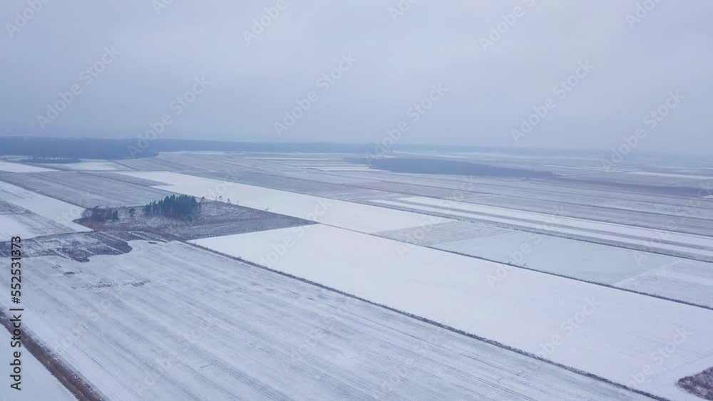 Aerial birdseye view of winter crops under the snow, agricultural fields of winter wheat under the snow, overcast winter day, wide establishing drone shot moving backward, camera tilt down Aerial birdseye view of winter crops under the snow, agricultural fields of winter wheat under the snow, overcast winter day, wide establishing drone shot moving backward, camera tilt down