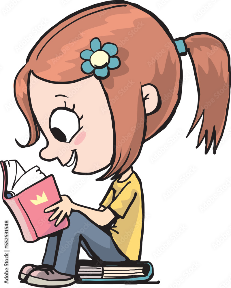 little girl sits on a book and reads enthusiastically little girl sits on a book and reads enthusiastically