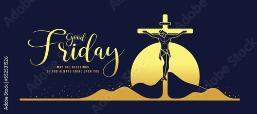 Good friday - Gold modern jesus christ crucified on the cross at mountain and sunlight in dark blue background vector design
