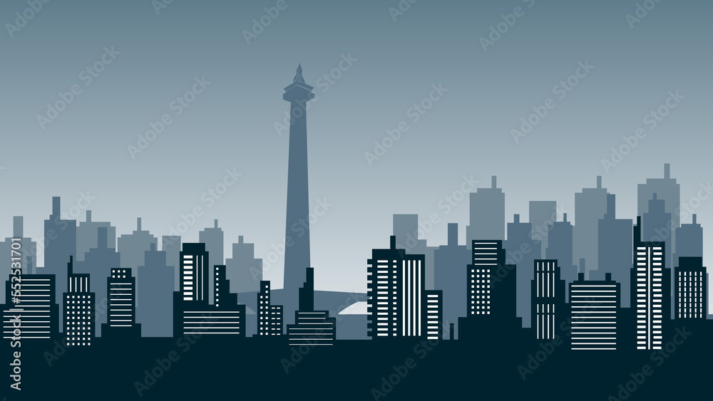 Midnight in the city vector background of buildings around the high tower