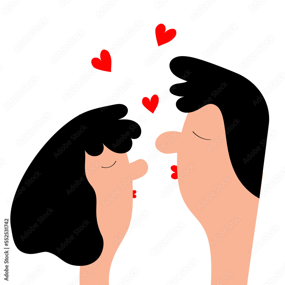Kissing couple. Red heart. Man and woman face. Cute cartoon funny character. Smooch kiss. Black hair. Happy Valentines Day. Love card. Family person. First date Flat design. White background. Kissing couple. Red heart. Man and woman face. Cute cartoon funny character. Smooch kiss. Black hair. Happy Valentines Day. Love card. Family person. First date Flat design. White background.