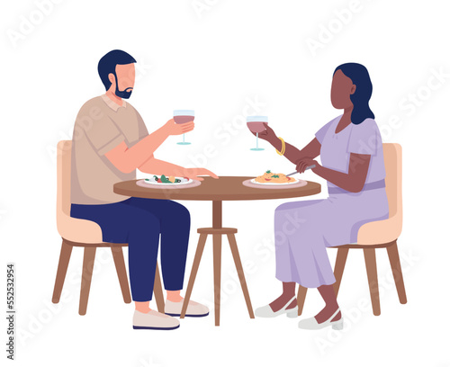 Couple on date drinking wine and eating meals semi flat color vector characters. Editable figures. Full body people on white. Simple cartoon style illustration for web graphic design and animation