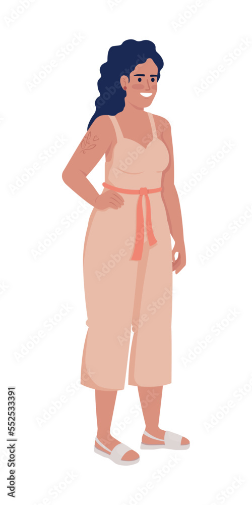 Fototapeta premium Happy woman in jumpsuit semi flat color vector character. Casual fashion. Editable figure. Full body person on white. Simple cartoon style illustration for web graphic design and animation