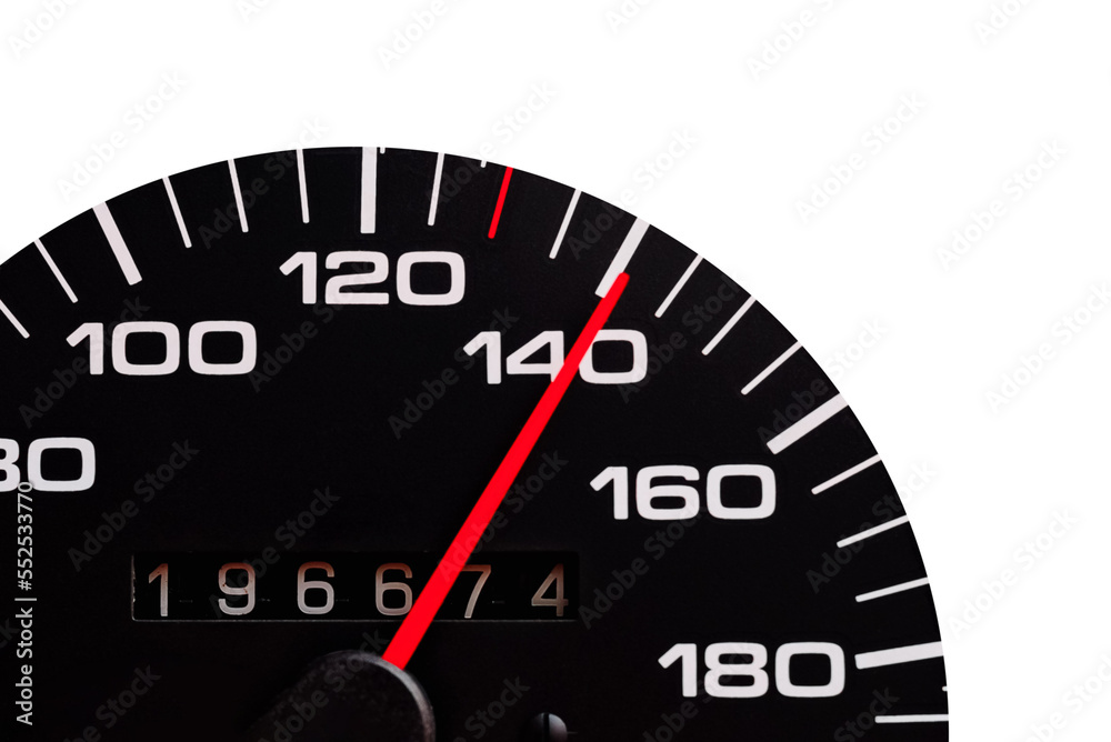 Car speedometer. Auto car speedometer shows 140 speed.Closeup.Automobile dangerous speed concept.White isolated background. Car speedometer. Auto car speedometer shows 140 speed.Closeup.Automobile dangerous speed concept.White isolated background.