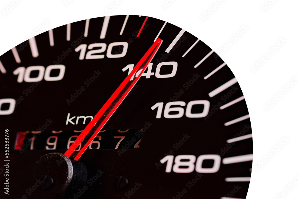Car speedometer. Auto car speedometer shows 140 speed.Closeup.Automobile dangerous speed concept.White isolated background. Car speedometer. Auto car speedometer shows 140 speed.Closeup.Automobile dangerous speed concept.White isolated background.