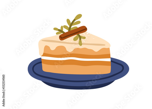 Christmas cake piece. Winter dessert served on plate. Sweet patisserie slice with vanilla layers and cream, decorated with cinnamon stick, icing. Flat vector illustration isolated on white background
