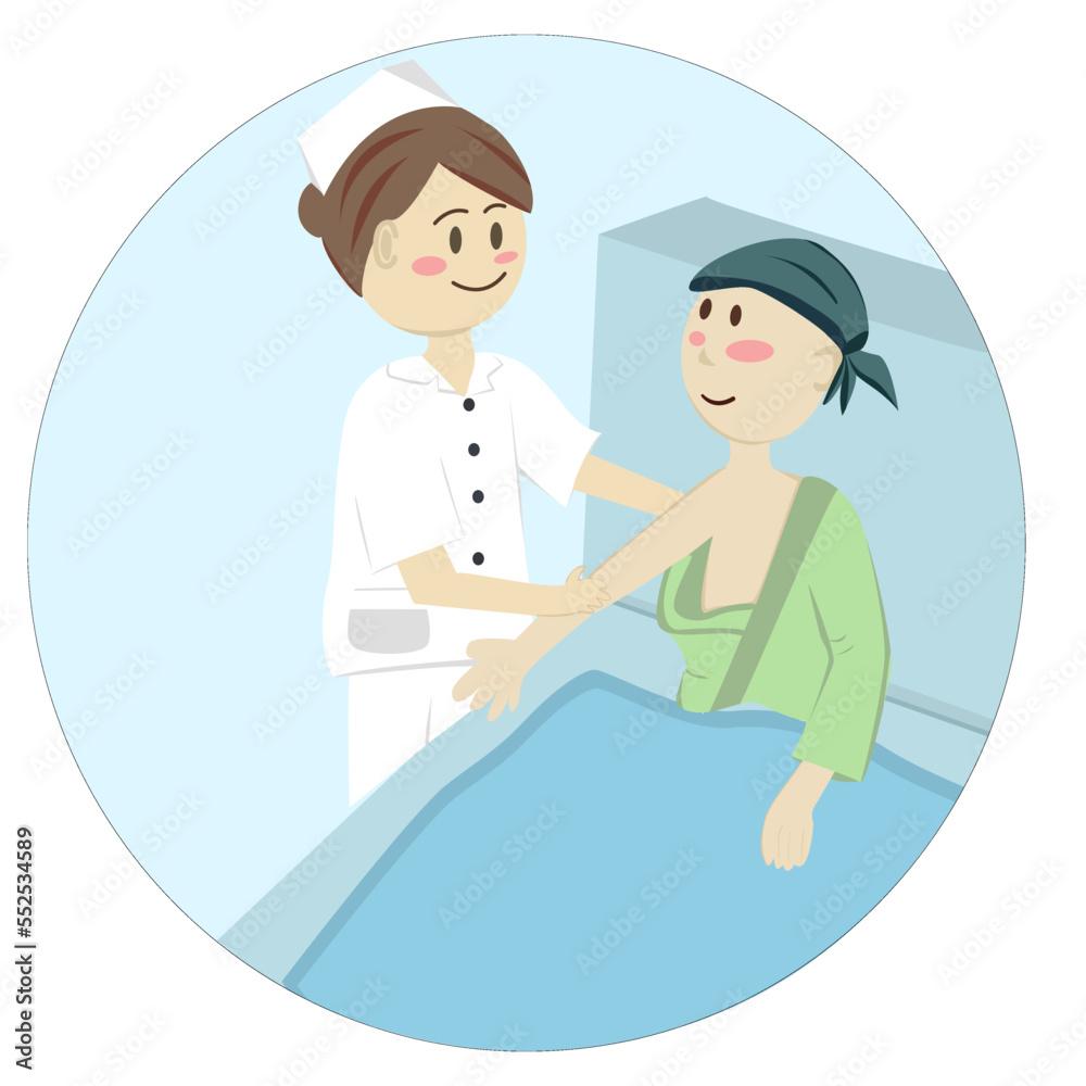 A nurse is feeding a cancer patient who is lying in bed.