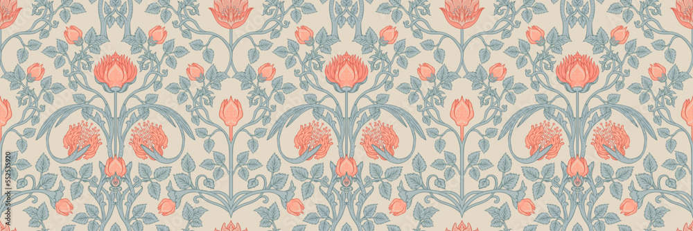 Floral vintage seamless pattern for retro wallpapers. Enchanted Vintage Flowers. Arts and Crafts movement inspired. Design for wrapping paper, wallpaper, fabrics and fashion clothes. - obrazy, fototapety, plakaty 