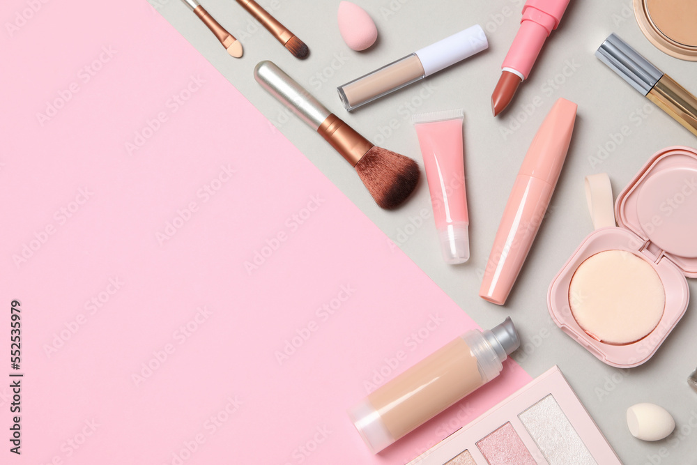 Concept of female accessories, different cosmetics, space for text Concept of female accessories, different cosmetics, space for text