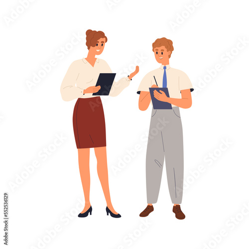 Business communication of office workers. Employees colleagues talking, writing down, taking notes. Boss and manager speaking about work. Flat graphic vector illustration isolated on white background
