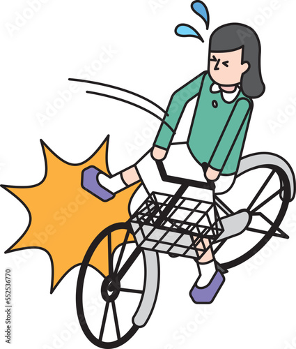 自転車を運転中に転倒する女性のアイソメイラスト