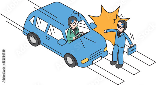 男性が運転する自動車と通勤中の会社員の男性の事故のアイソメイラスト