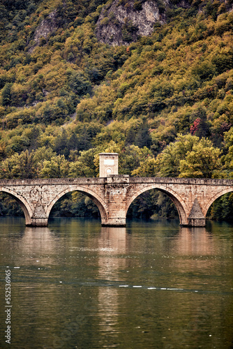 Bridge on river Drina, famous historic Ottoman architecture in Visegrad, Bosnia and Herzegovina.
