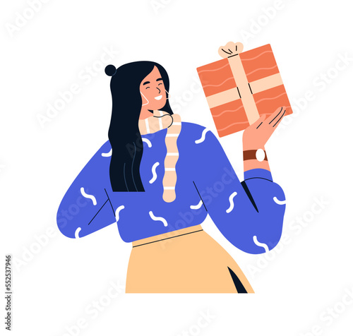Happy girl with gift box in hand. Smiling excited woman holding present with ribbon bow for holiday, rejoicing festive surprise in package. Flat vector illustration isolated on white background