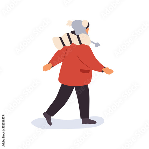Child going on street on winter holiday. Cute kid in warm clothes walking outdoors in cold weather. Boy wearing hat, scarf, jacket in frost. Flat vector illustration isolated on white background