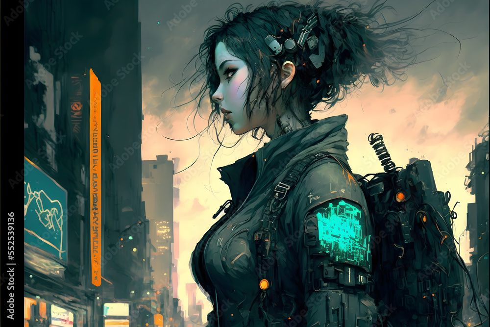 anime girl in cyberpunk city Stock Illustration