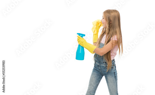 photo of positive cleaner girl with washing gloves. cleaner girl in washing gloves with copy space.